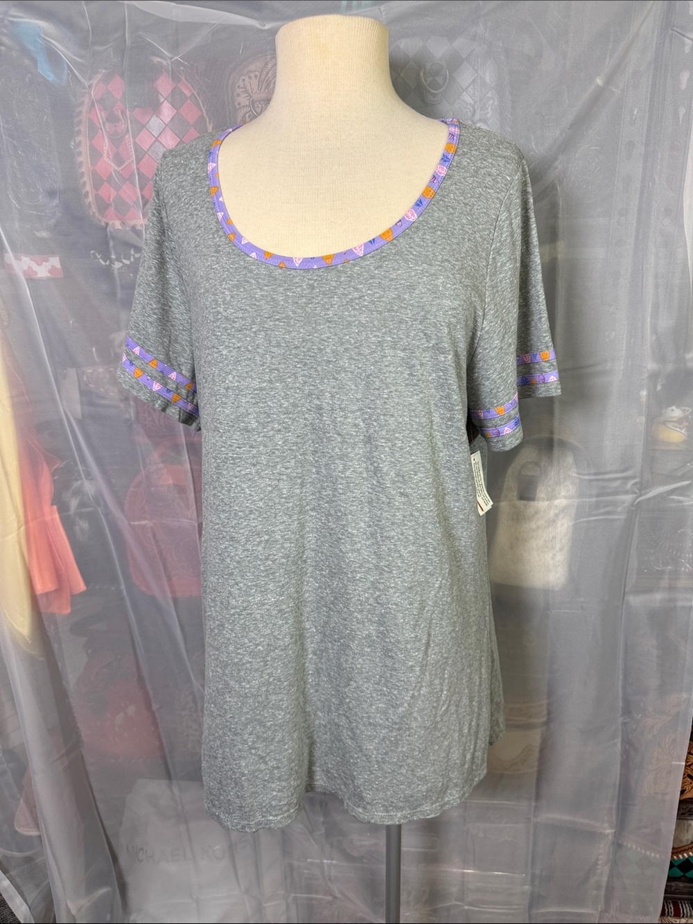 LuLaRoe Gray Short Sleeve Scoop Neck Top with Purple and Orange Trim